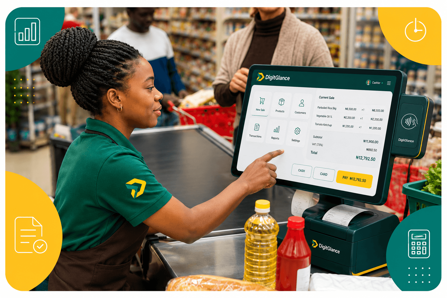 A cashier rings up a sale on a DigitGlance POS terminal at a supermarket counter