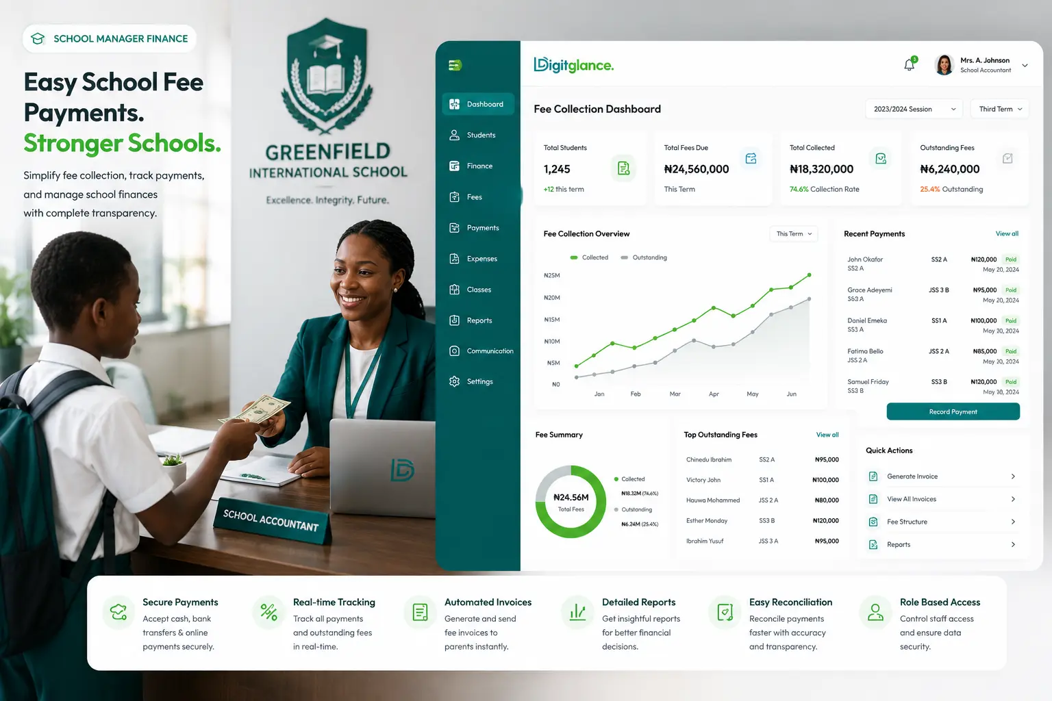 DigitGlance School Manager preview showing fee collection dashboard, student records, and payment tracking