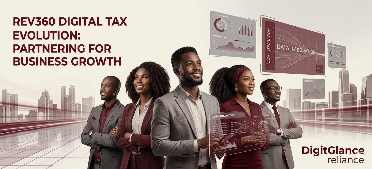 A team of Nigerian business professionals in a modern office with Rev360 data integration dashboards behind them